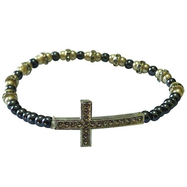 Blue and White Stretch Bracelet with Crystal Cross