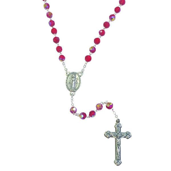 AB Crystal Rosary with Miraculous Medal Center and Silver-tone Crucifix - Red