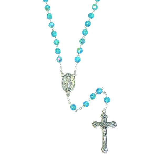 AB Crystal Rosary with Miraculous Medal Center and Silver-tone Crucifix - Aqua