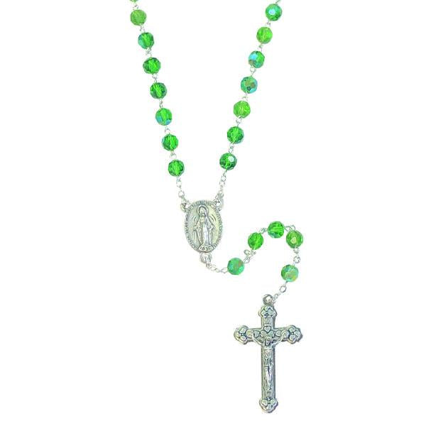 AB Crystal Rosary with Miraculous Medal Center and Silver-tone Crucifix - Green