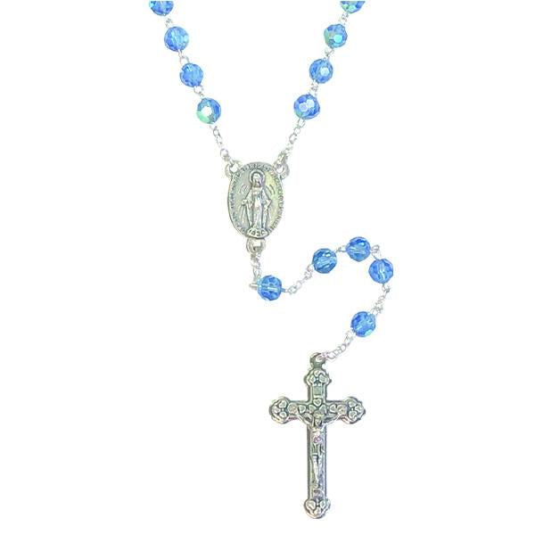 AB Crystal Rosary with Miraculous Medal Center and Silver-tone Crucifix - Blue