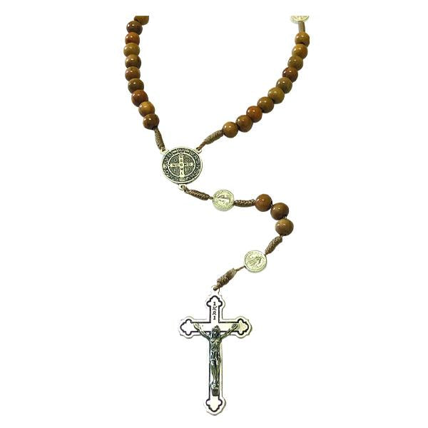 Saint Benedict Brown Wood Rosary, Silver-tone