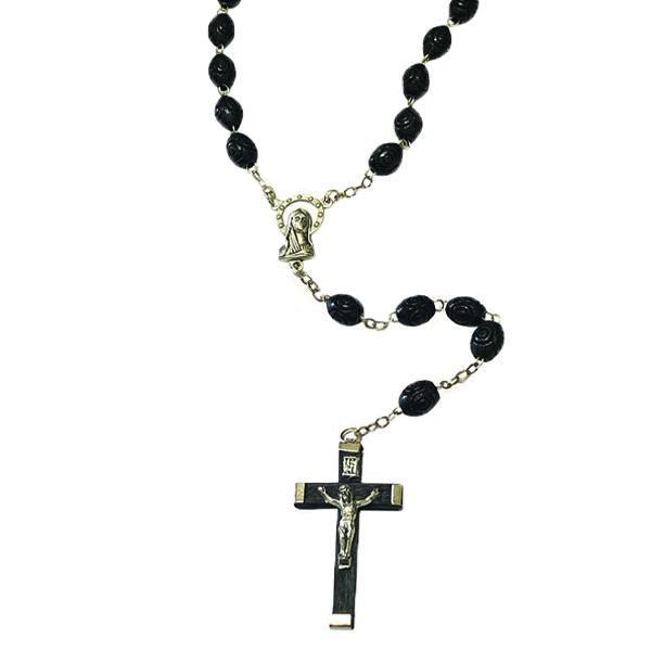 Wooden Rosary with Black Wooden Crucifix - Oval Black Beads