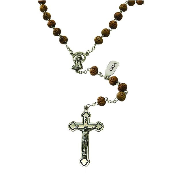 Wooden Rosary with Silver-tone Crucifix - Round Rose-shaped Light Wood Beads