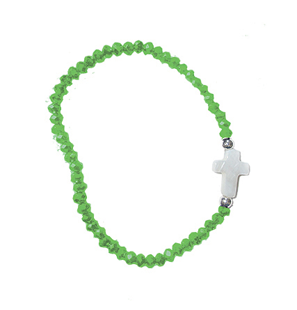 Greeen Crystal Bracelet with Mother of Pearl Cross in Unique Clear Box