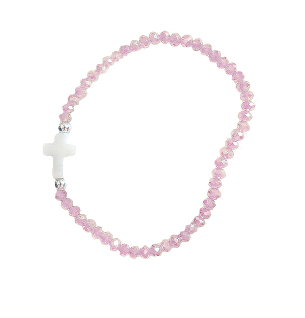 Pink Crystal Bracelet with Mother of Pearl Cross in Unique Clear Box