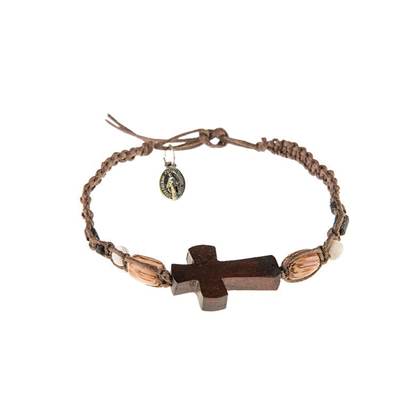 Dark Brown Men's Braided Bracelet with Wooden Cross and Miraculous Medal