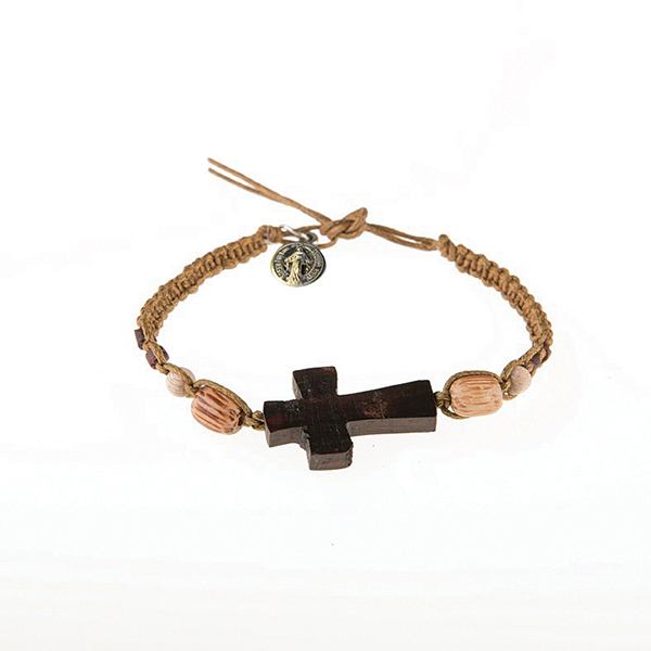 Light Brown Men's Braided Bracelet with Wooden Cross and Miraculous Medal