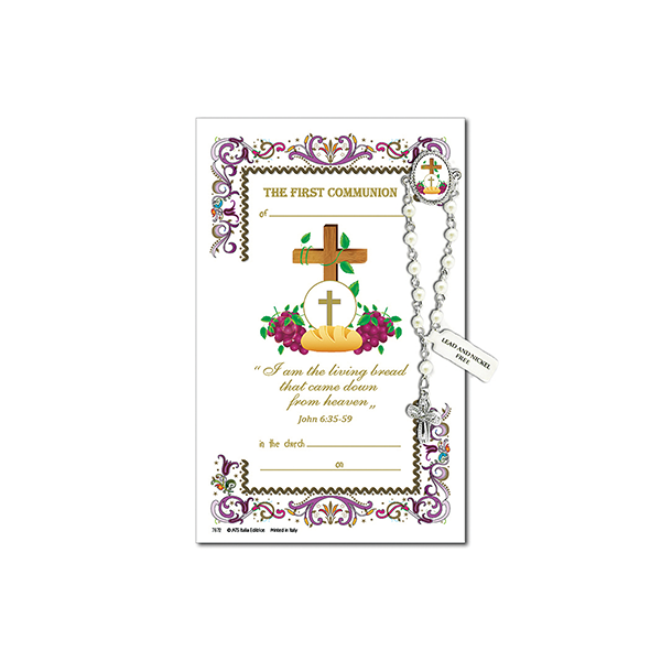 Decade Rosary Pin on Decorative Parchment Paper - Communion Cross