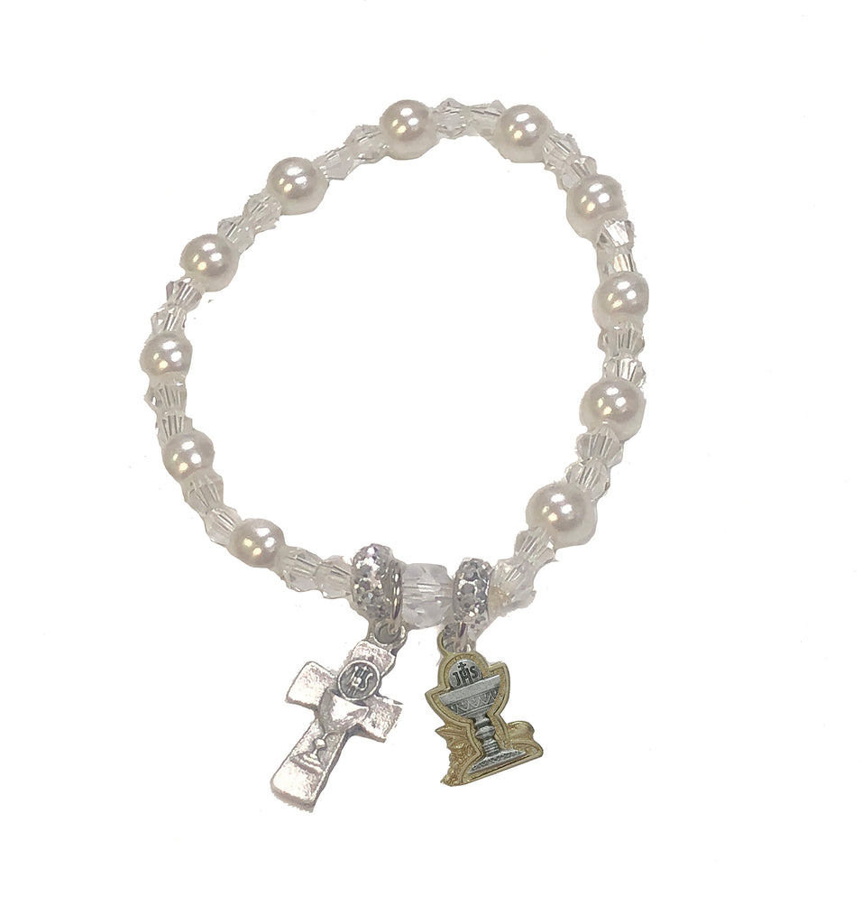 Imitation Pearl Stretch Bracelet With Chalice Medal & Cross