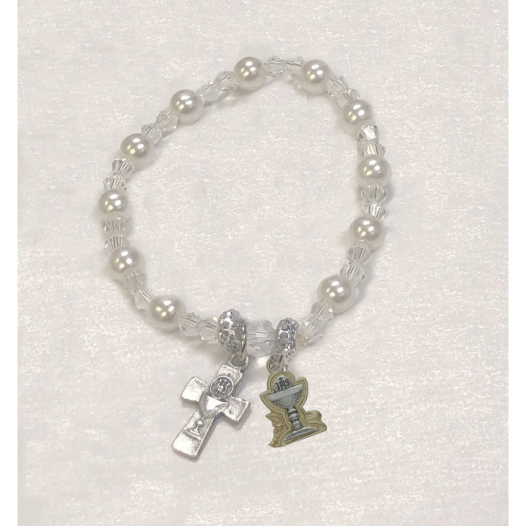 Imitation Pearl Stretch Bracelet With Chalice Medal & Cross