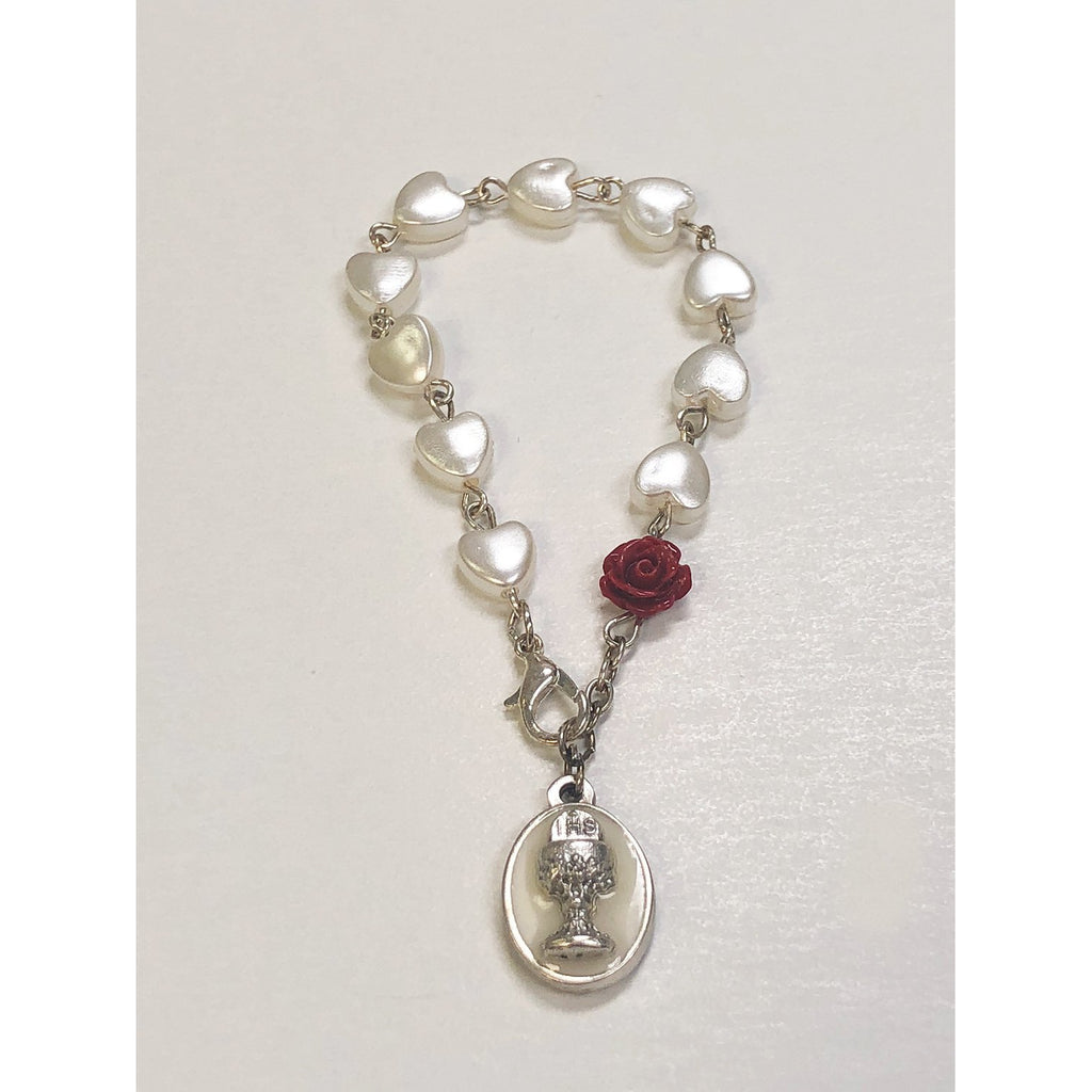 Heart Shaped Bracelet With Imitation Fresh Water Pearls And White Enameled Chalice Medal