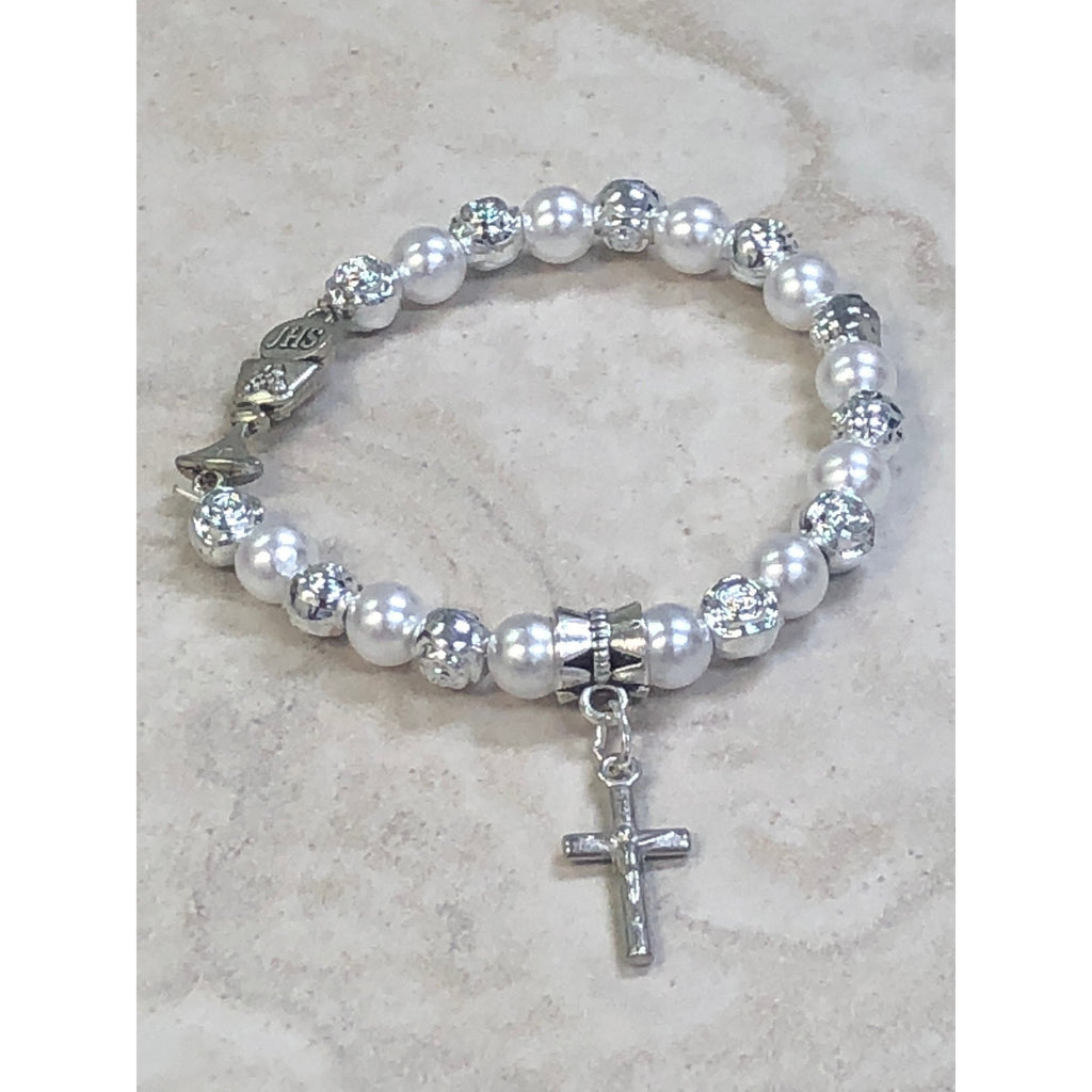 Communion Imitation Freshwater Pearl Stretch Bracelet With Cross