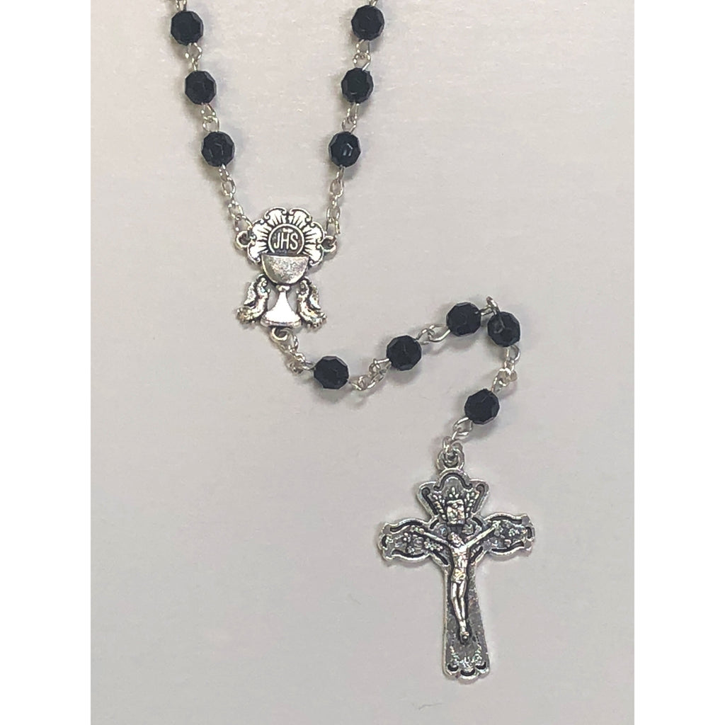 6mm First Communion Black Glass Rosary With Silver Toned Chalice Center