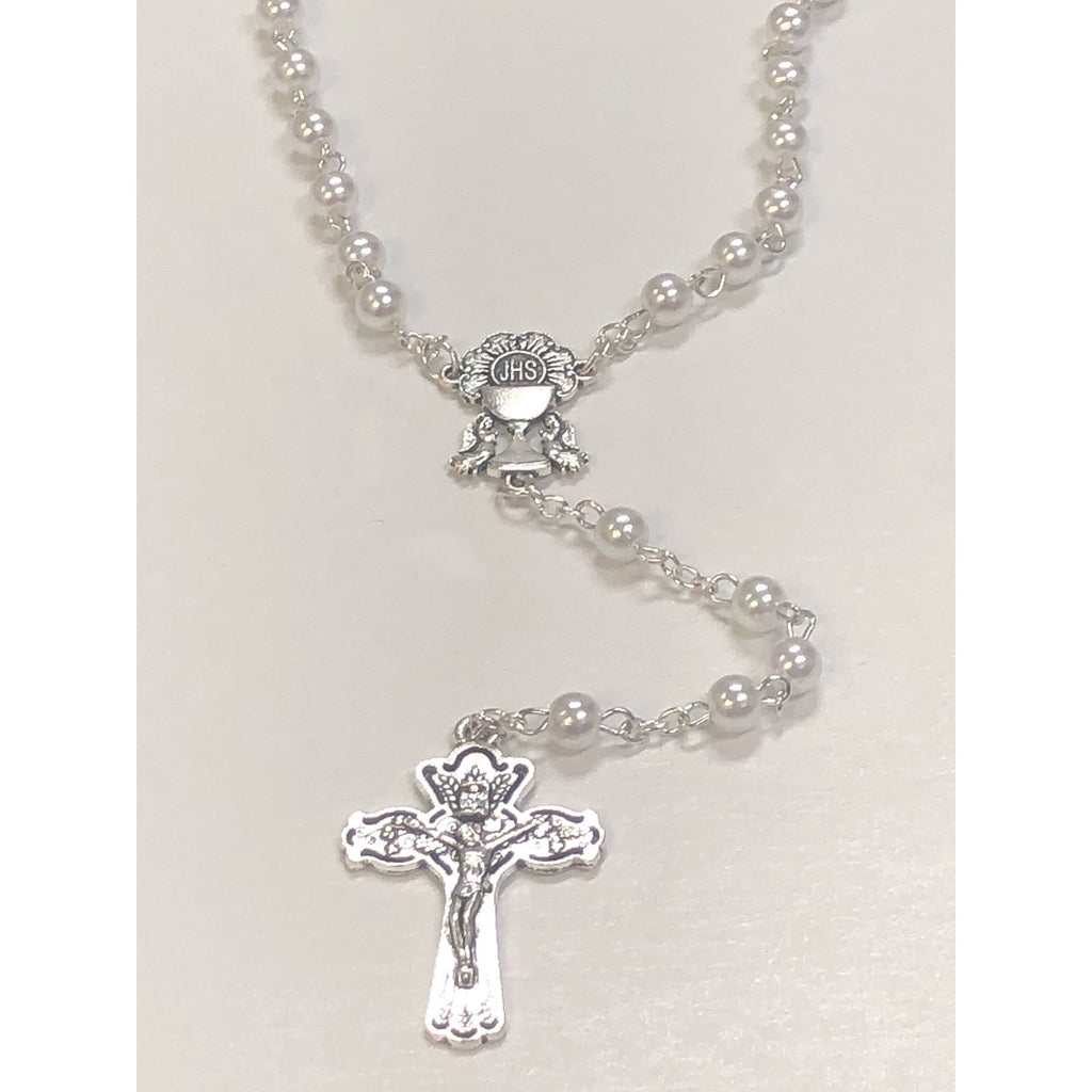 6mm First Communion Imitation Pearl Glass Rosary With Silver Toned Chalice Center