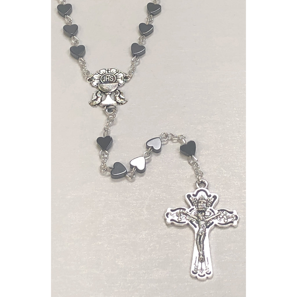 6mm First Communion Heart Shaped Black Hematite Rosary Silver Toned Chalice Center