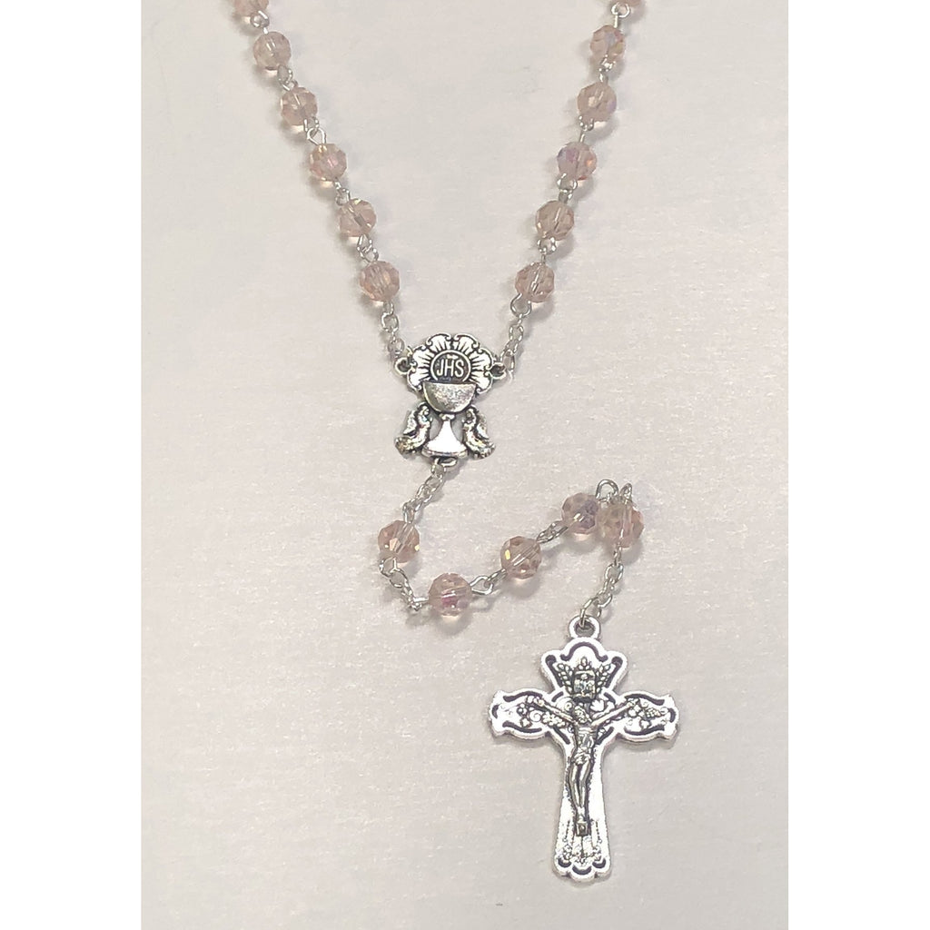 6mm First Communion Pink Glass Rosary With Silver Toned Chalice Center