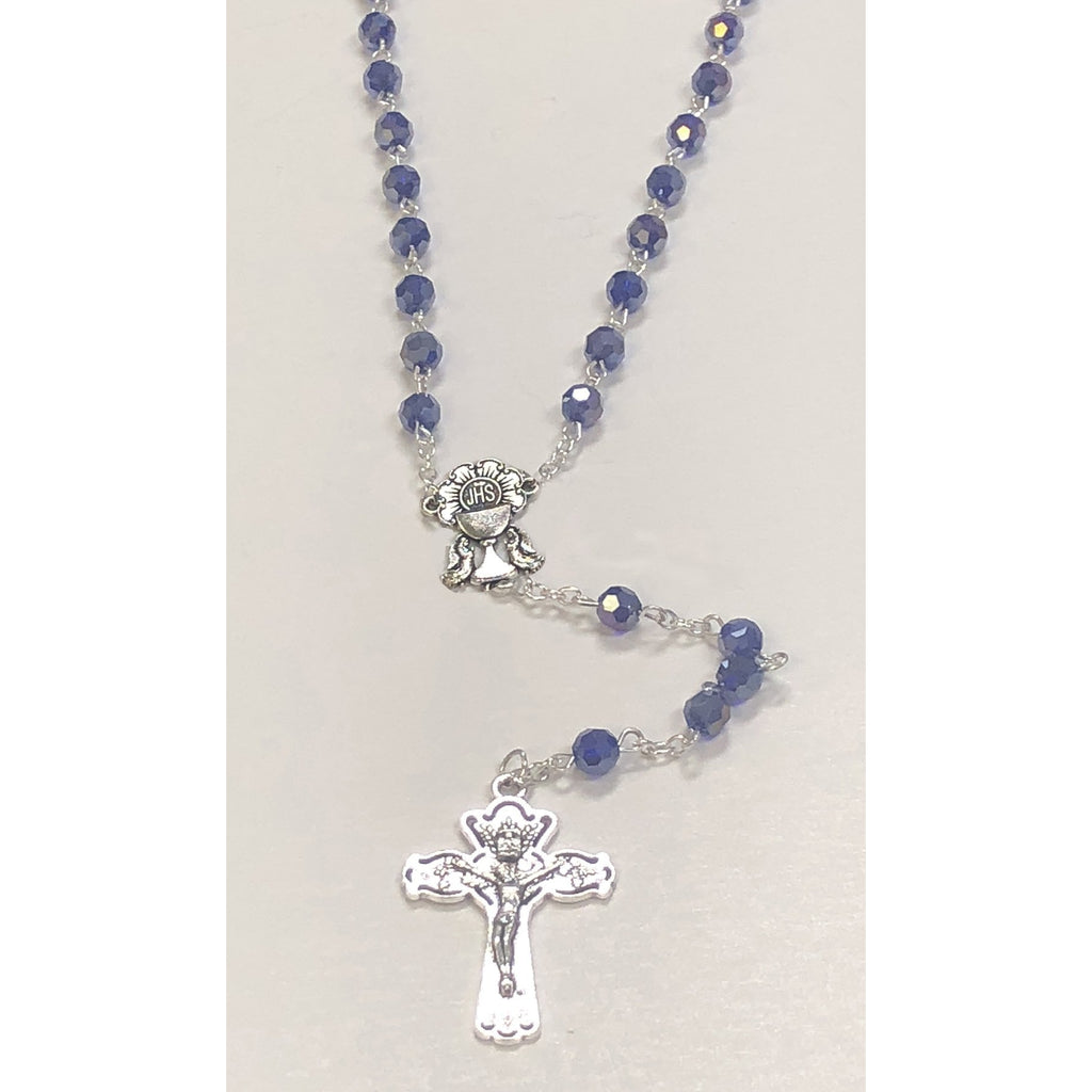 6mm First Communion Blue Glass Rosary With Silver Toned Chalice Center