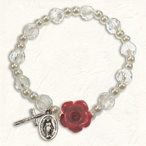 Imitation Pearl and Crystal Stretch Bracelet with Red Rose Resin Bead