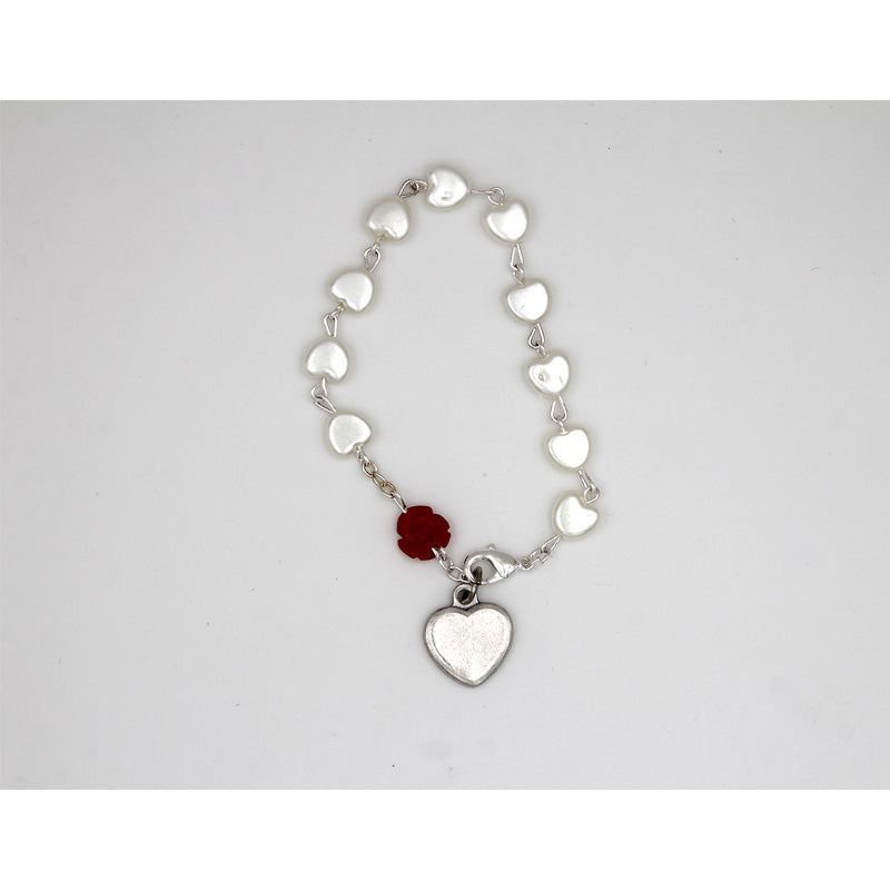 Heart Shaped Imitation Pearl Bracelet with Red Rose Resin Bead