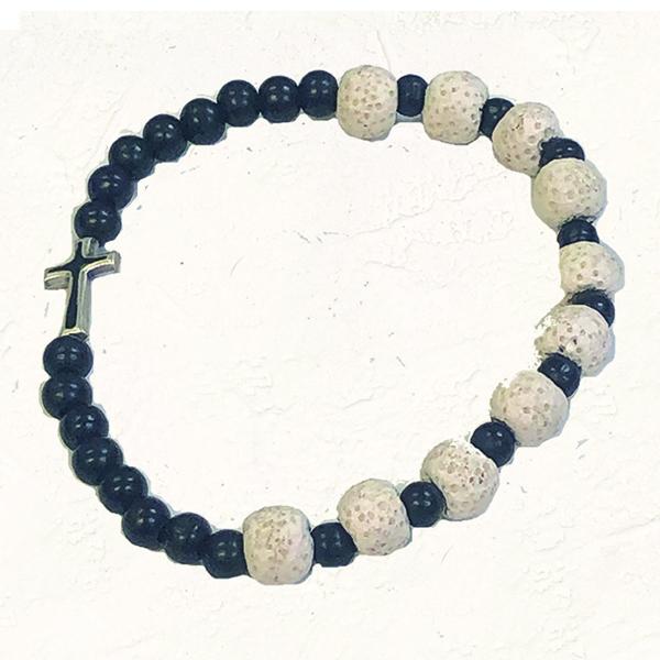 Black Stretch Bracelet with White "Volcanic Looking" Beads with Enameled Cross