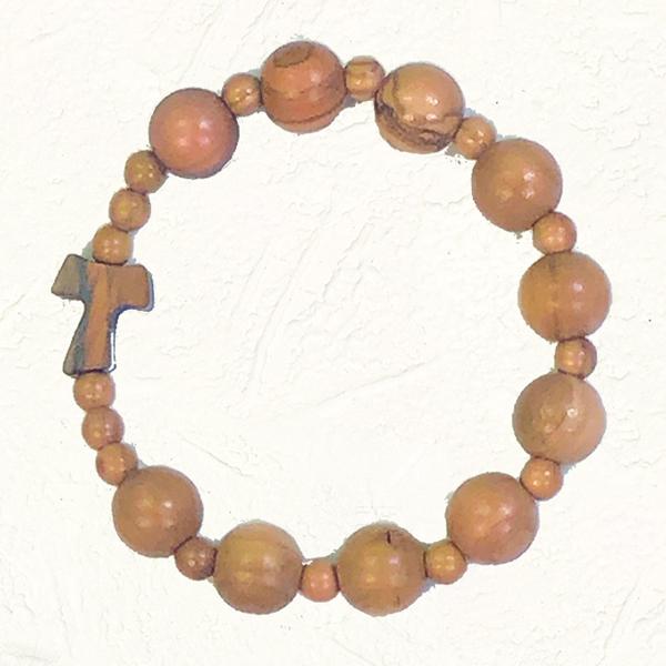 Olive Wood Stretch Bracelet with Natural Wood Colored Beads with Tau Cross