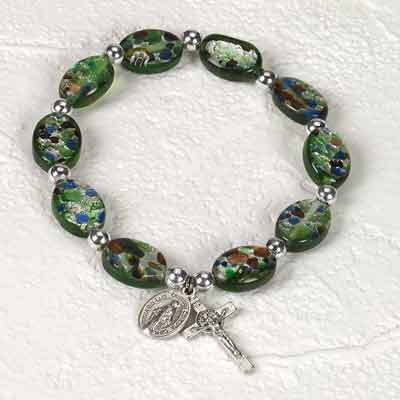 14 mm Green Oval Murano Glass Rosary Bracelet