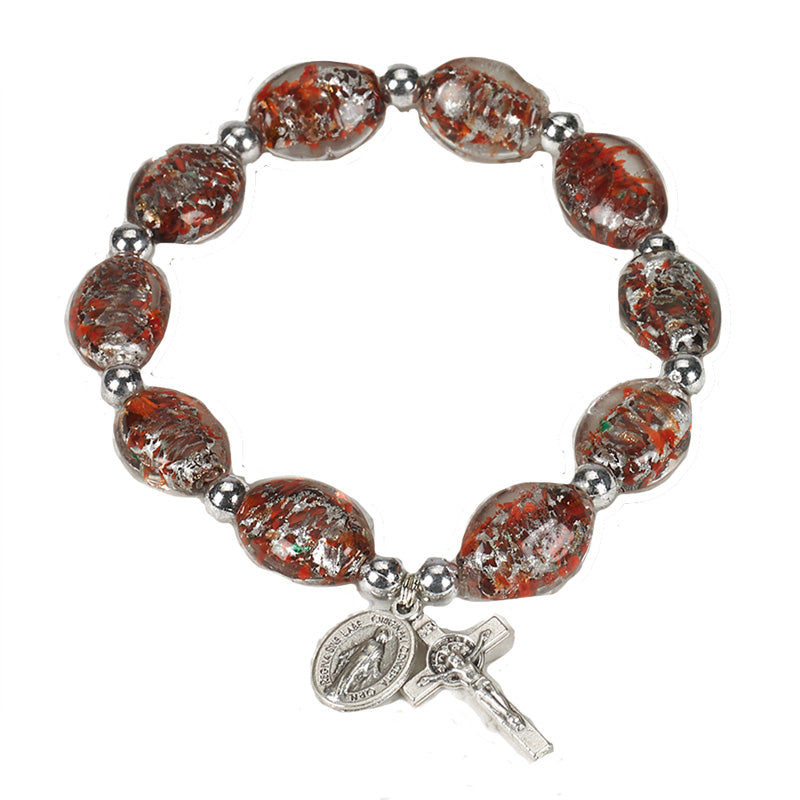 Red Oval Murano Glass Rosary Bracelet 14mm With Miraculous Medal and Crucifix