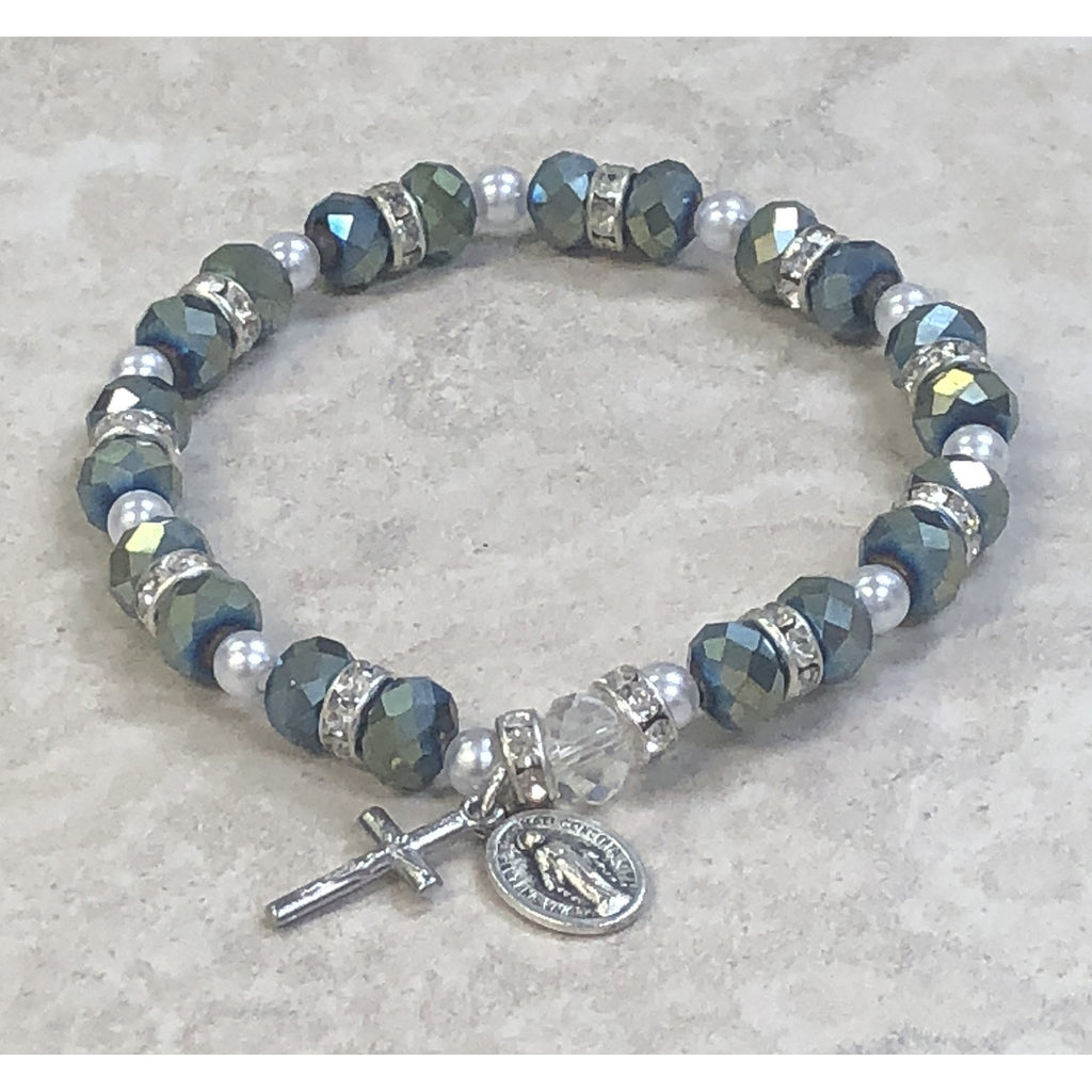 Smoke Sparkle Bead Rosary Bracelet With Strass Crystals Miraculous Medal And Crucifix