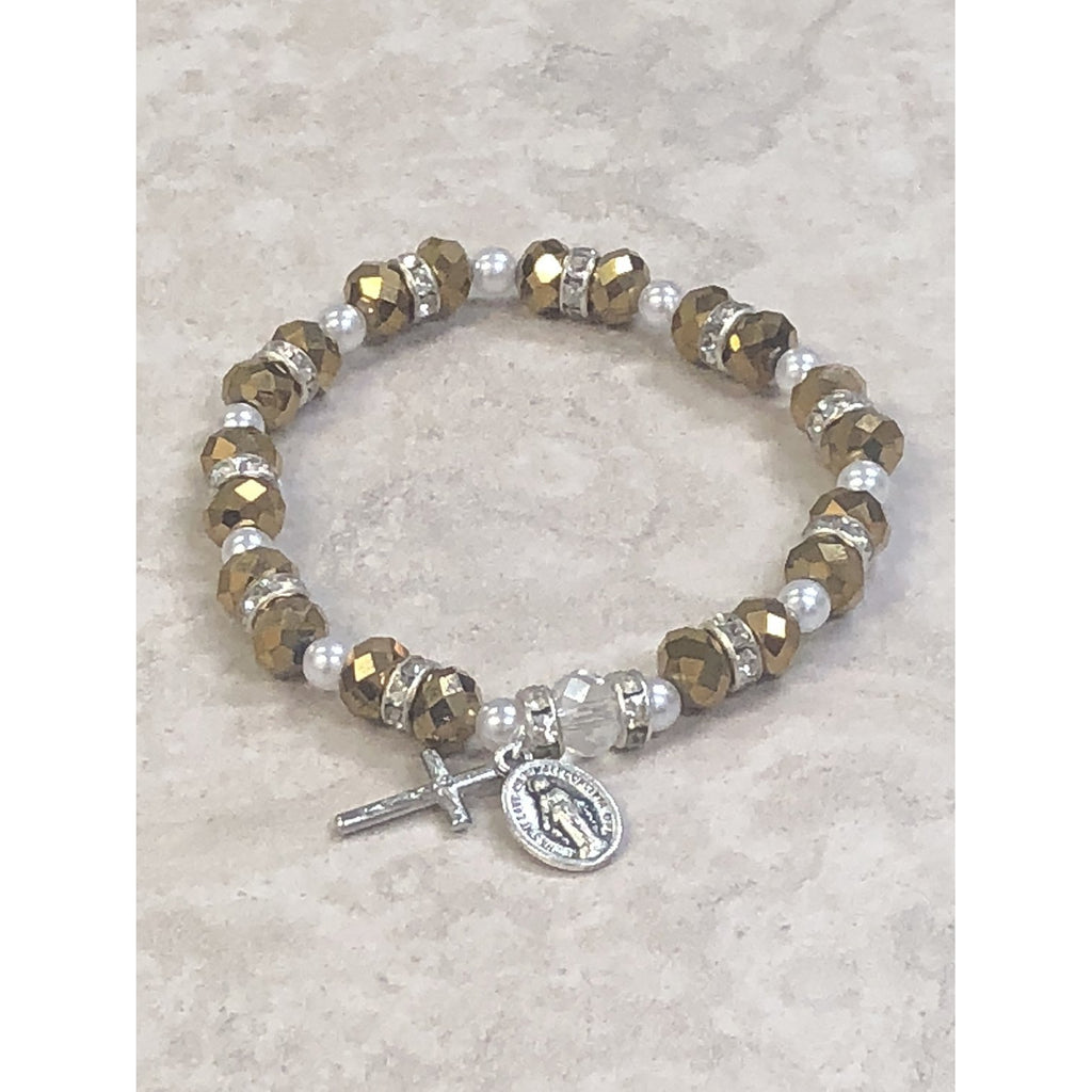 Gold Sparkle Bead Rosary Bracelet With Strass Crystals Miraculous Medal And Crucifix