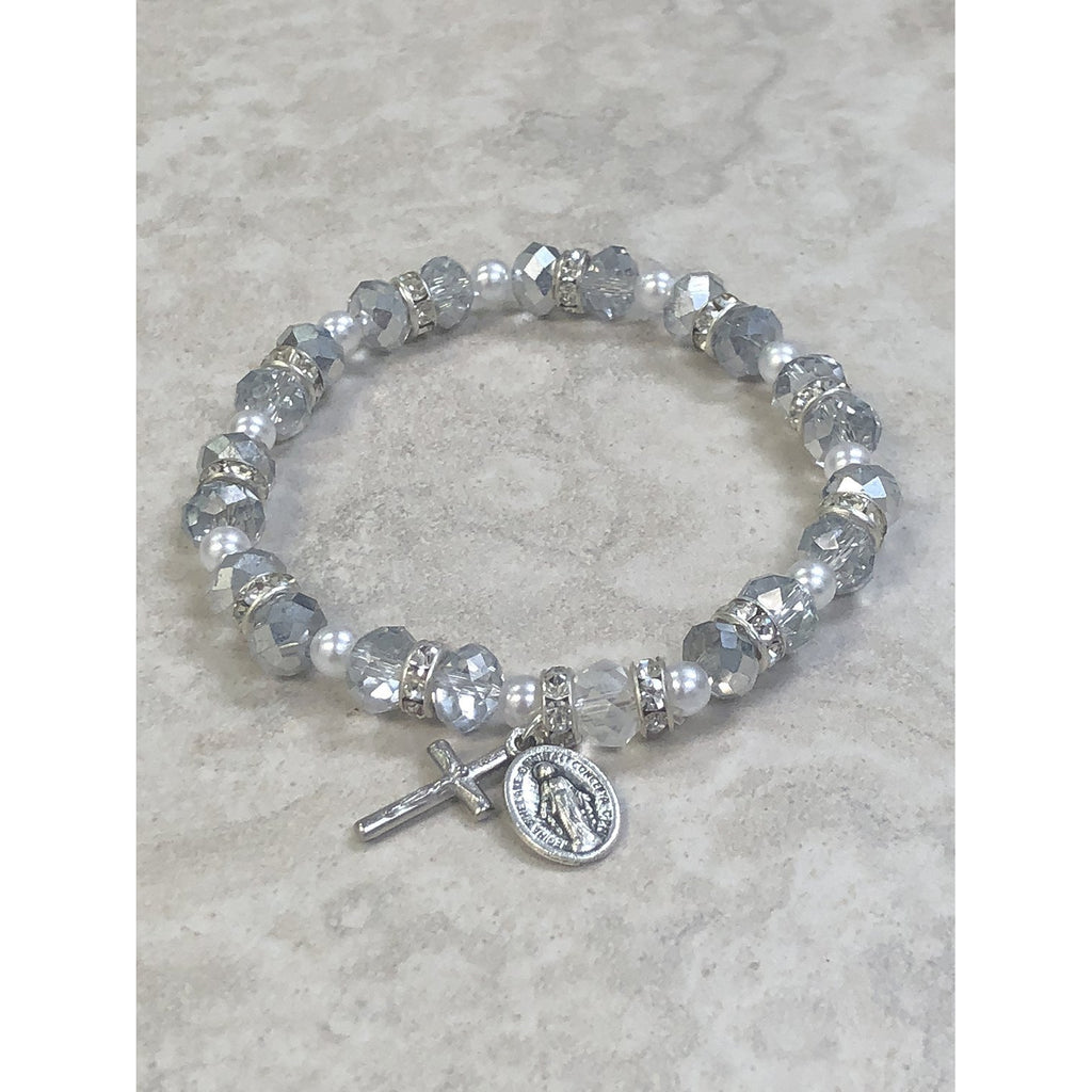 Silver Sparkle Bead Rosary Bracelet With Strass Crystals Miraculous Medal And Crucifix