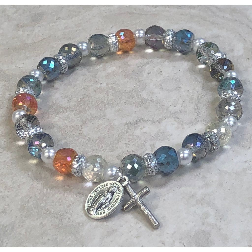 Multi Color Sparkle Bead Rosary Bracelet With Strass Crystals Miraculous Medal And Crucifix