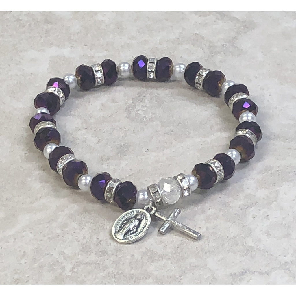 Purple Sparkle Bead Rosary Bracelet With Strass Crystals Miraculous Medal And Crucifix