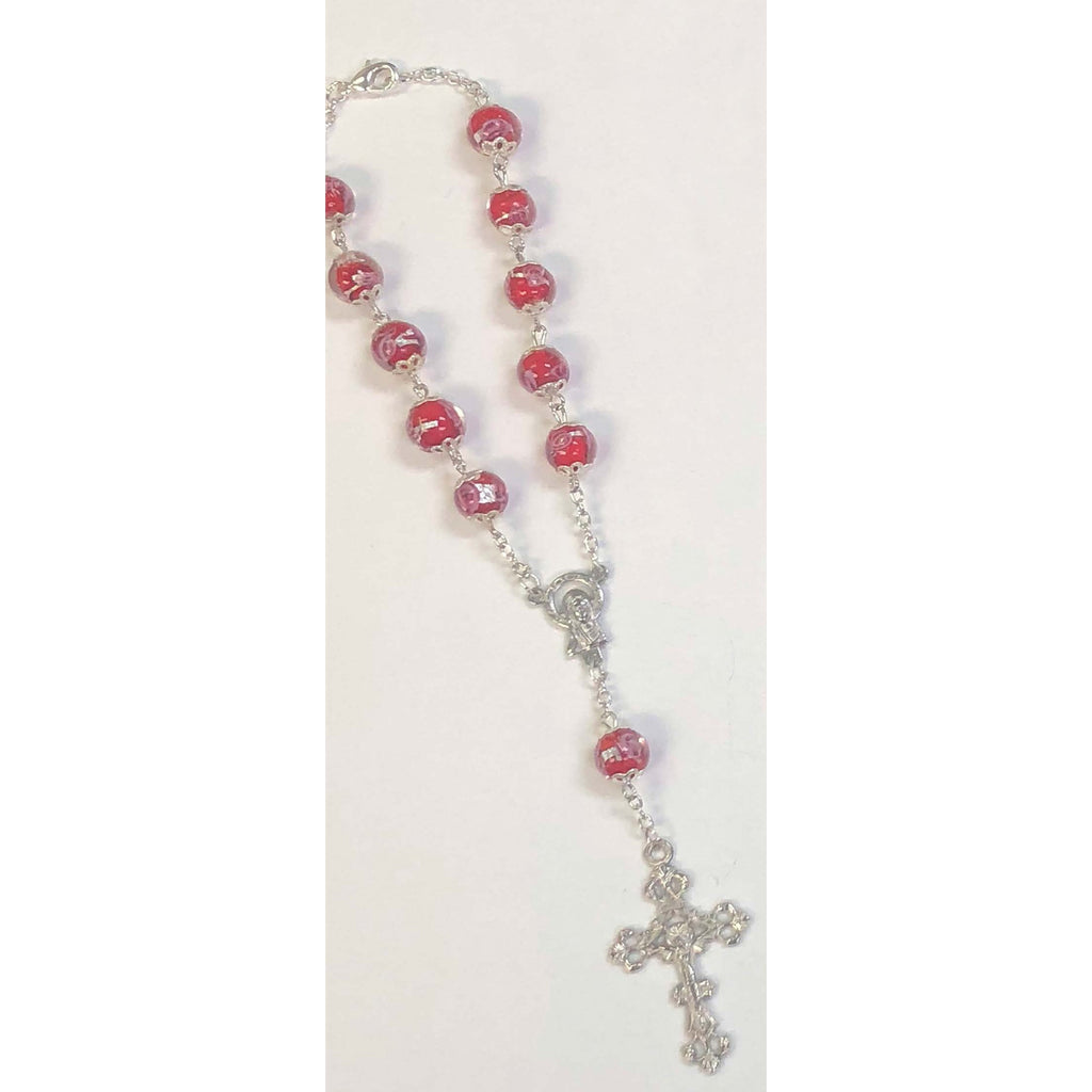 Red Auto Rosary with 10 mm Crystal Beads and Rose Petal Painted on Each Bead