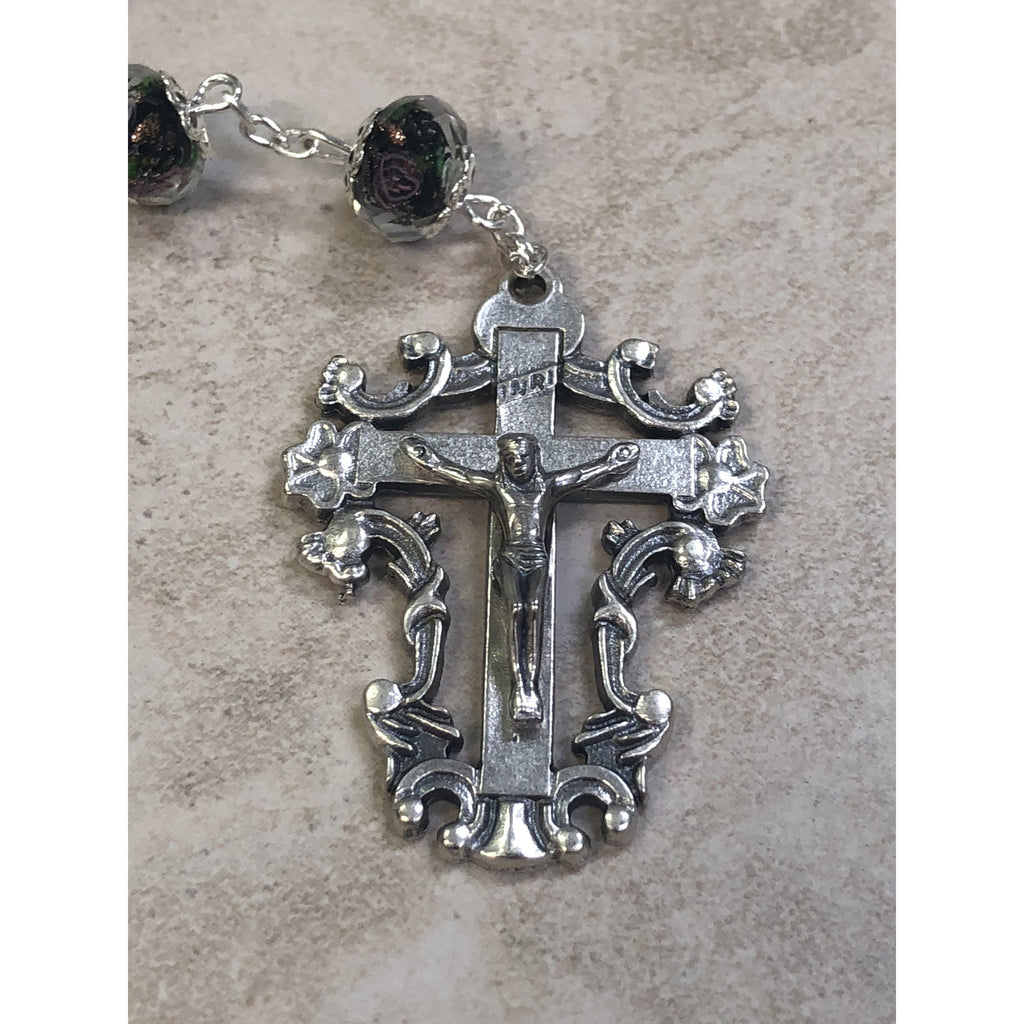 Black 8mm Genuine Crystal Bead Rosary with Rose Painted Inside