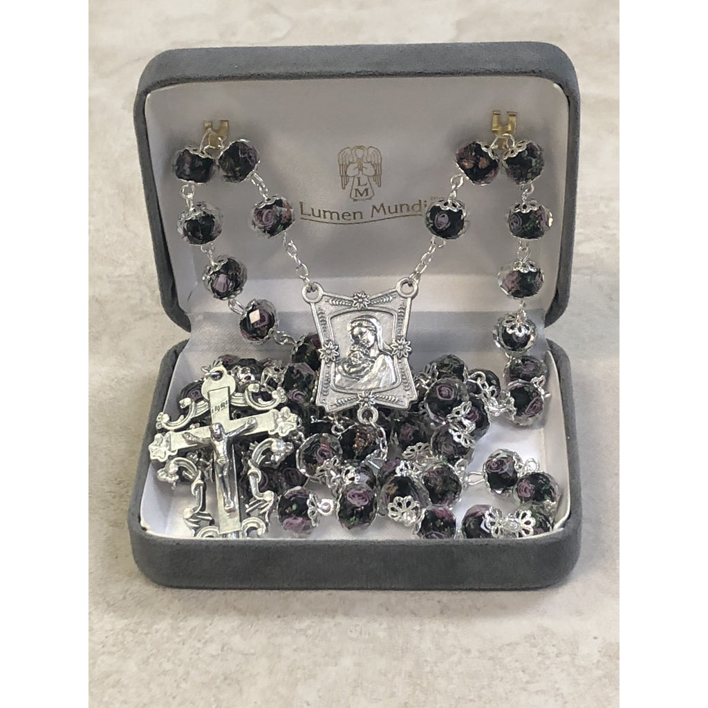 Black 8mm Genuine Crystal Bead Rosary with Rose Painted Inside