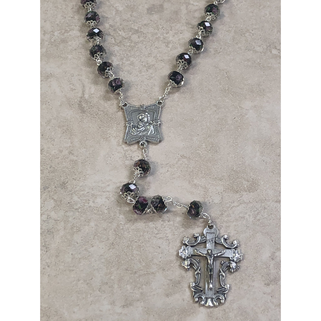 Black 8mm Genuine Crystal Bead Rosary with Rose Painted Inside