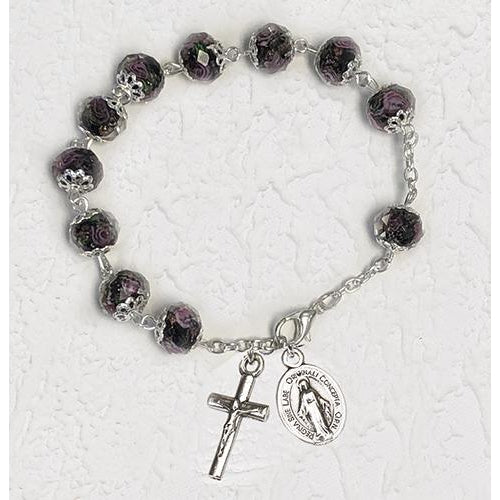 Black Crystal Rosary Bracelet with Pink Rose Painted Beads