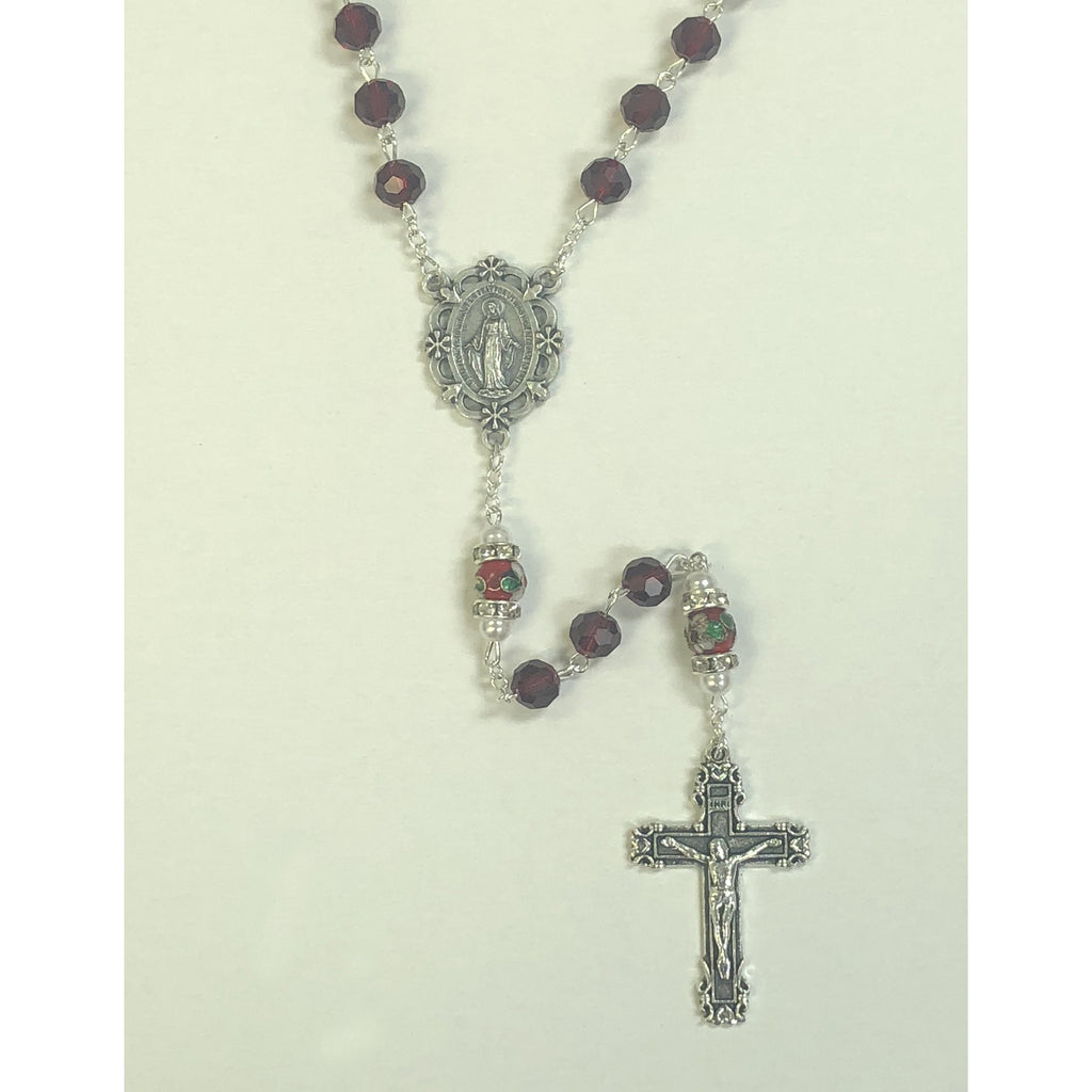 Genuine Crystal Red Bead with Unique Cloisonné Rondelle Our Father Bead with Imitation Pearl and Mini Crystals