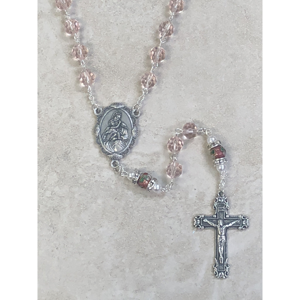 Genuine Crystal Rose Bead with Unique Cloisonné Rondelle Our Father Bead with Imitation Pearl and Mini Crystals