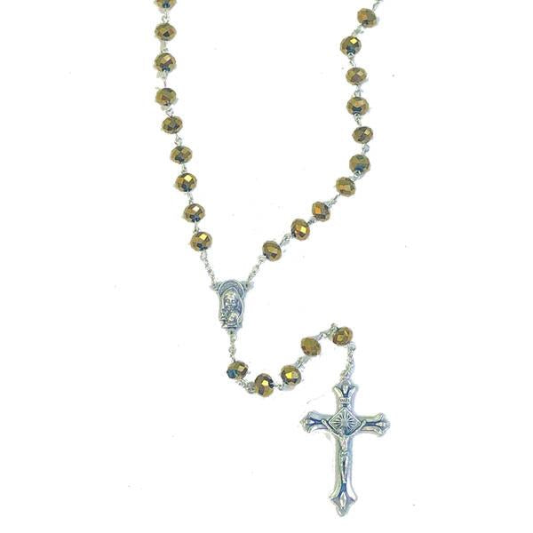 Sparkly Gold Bead Rosary with Silver-tone Center and Crucifix