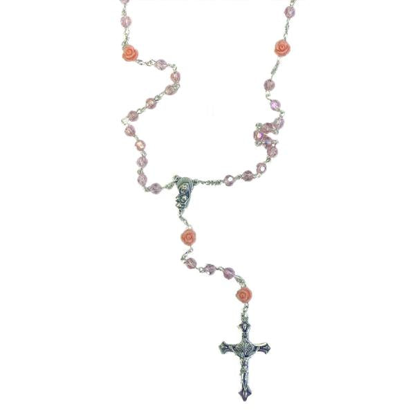 Rose Colored Bead Rosary with Peach Resin Our Father Beads