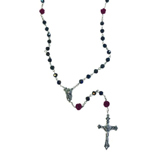 Black Colored Bead Rosary with Red Rose Resin Our Father beads
