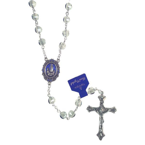 Smoke Sparkly Bead Rosary with Blue Enamel Lady of Fatima Center