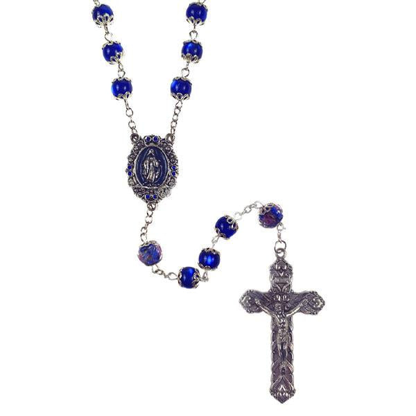 Blue Glass Bead Rosary with Blue Rose Our Father Beads and Enameled Lady of Grace Center