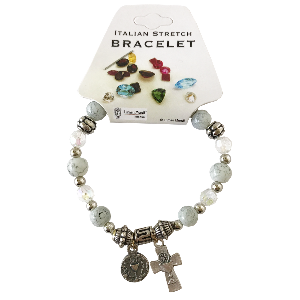 Speckled Glass Stretch Bracelet With Italian Made First Communion Charms