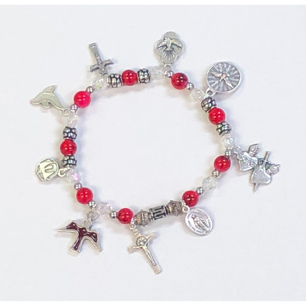 Red Confirmation Stretch Bracelet With Italian Made Charms