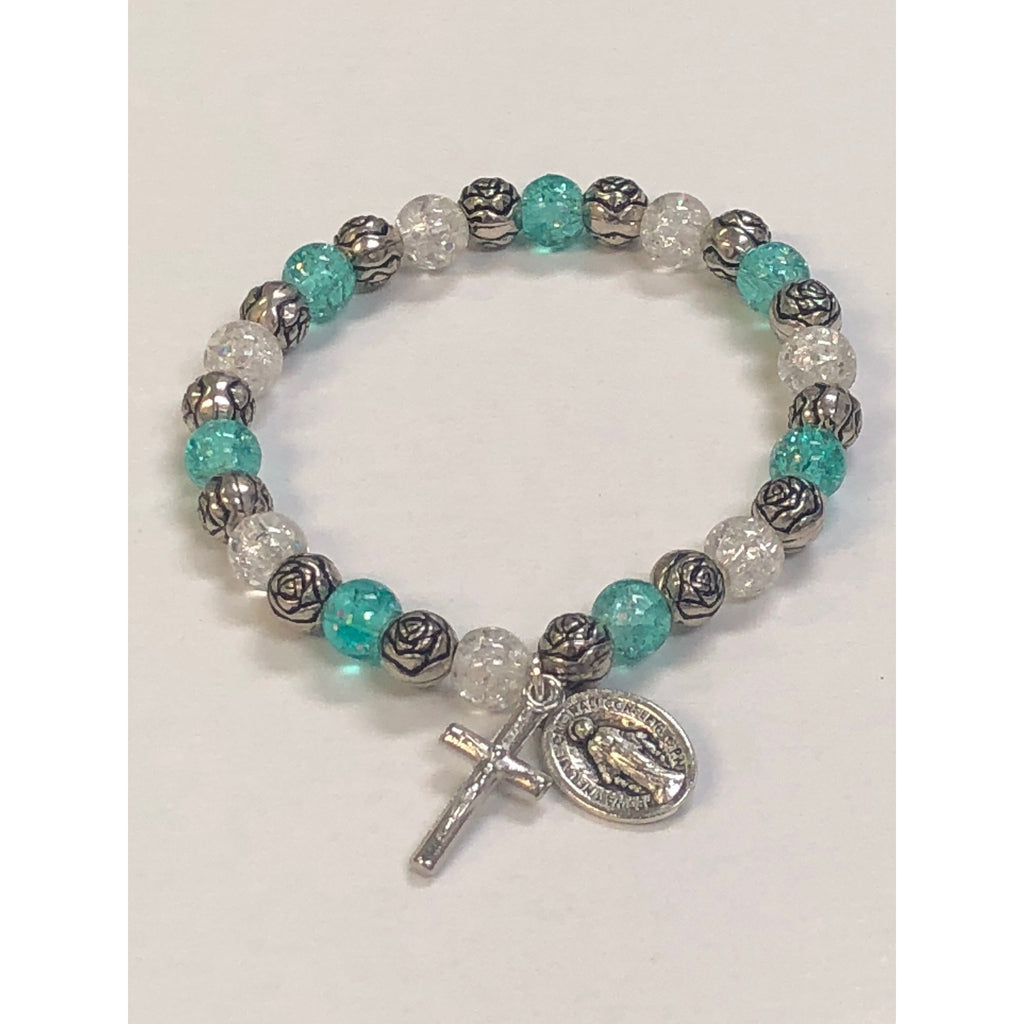 Child's Size Teal Rose Glass Stretch Bracelet