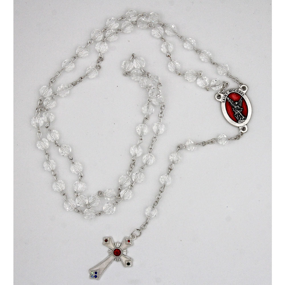 St. Michael center crystal rosary with decorative crucifix and red enameled