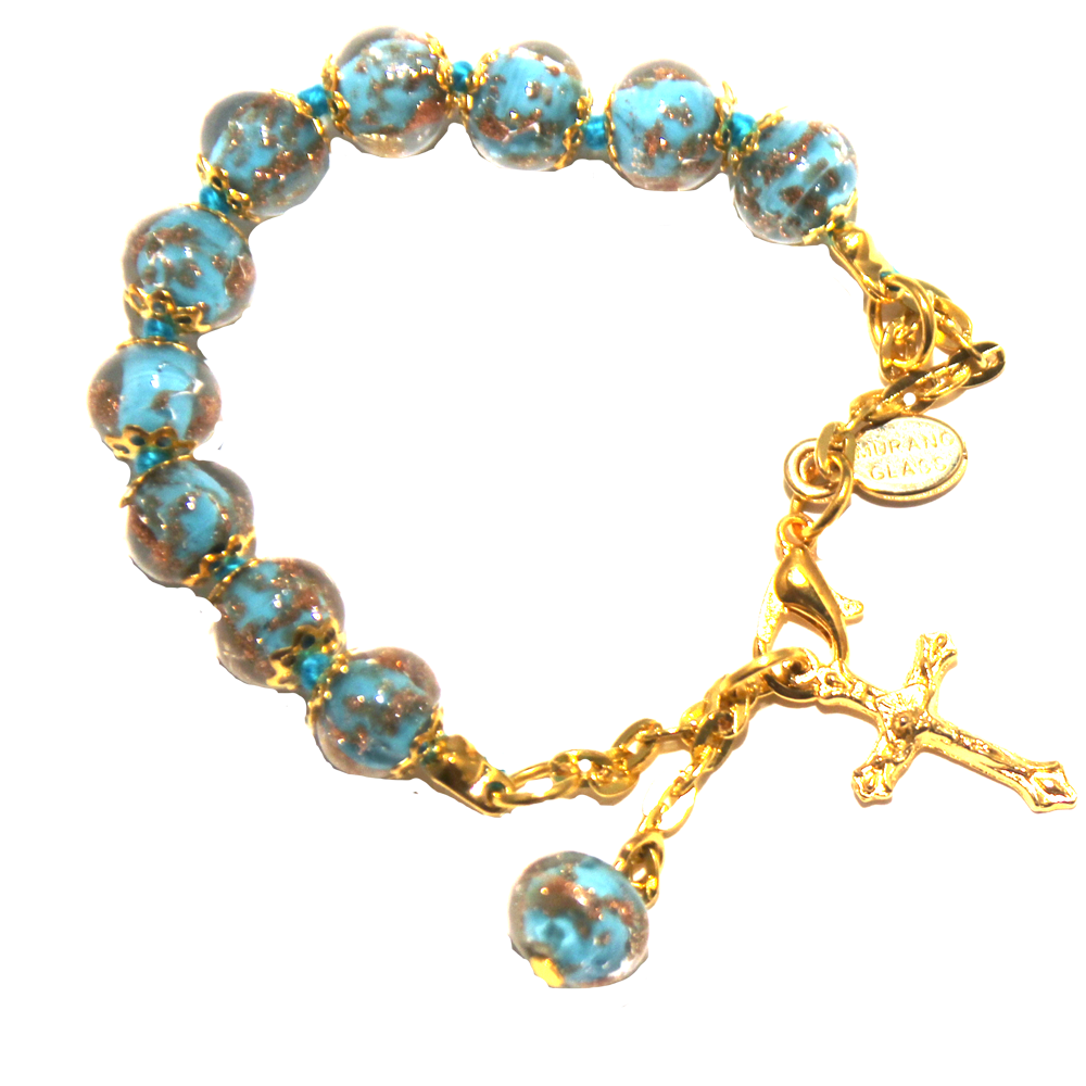 Turquoise Genuine Murano Gold Tone Rosary Bracelet with Handknotted Sommerso Beads & Crucifix